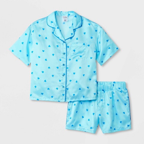 Girls 2pc Satin Short Sleeve Button Up Pajama Set Art Class