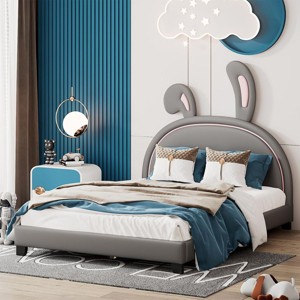 Streamdale Full Size Upholstered Leather Platform Bed with Rabbit Ornament, Gray - 1 of 4