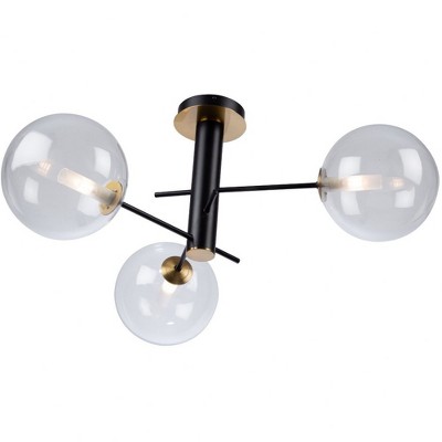 Matte Black and Brass 3-Light Semi-Flush Mount with Clear Glass Globes