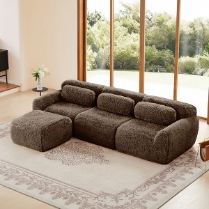 114 inch Dark Gray L-shaped Plush Fabric Sectional Sofa Couches with Ottoman and Throw Pillows ( Buckle Connection) - 1 of 4