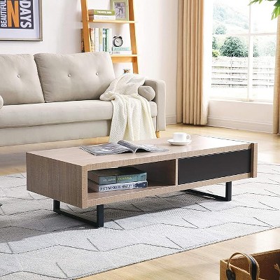 Vynxaria Mid-Century Modern Ash Coffee Table Tan, 2 Cubby Holes, All-Metal Legs, Select Hardwoods, 47.2"L×19.7"W×13.8"H