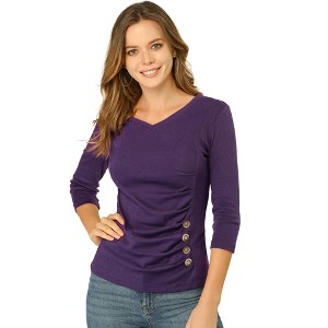 INSPIRE CHIC Women's V Neck 3/4 Sleeves Solid Knitted Buttons Decor Ruched Blouse - 1 of 4