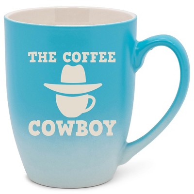 100 North Western Hat 10 Ounce Blue and White Two Toned Ombre, Comfortably Fits Your Hands, Ceramic Tea Coffee Cup Mug, The Coffee Cowboy