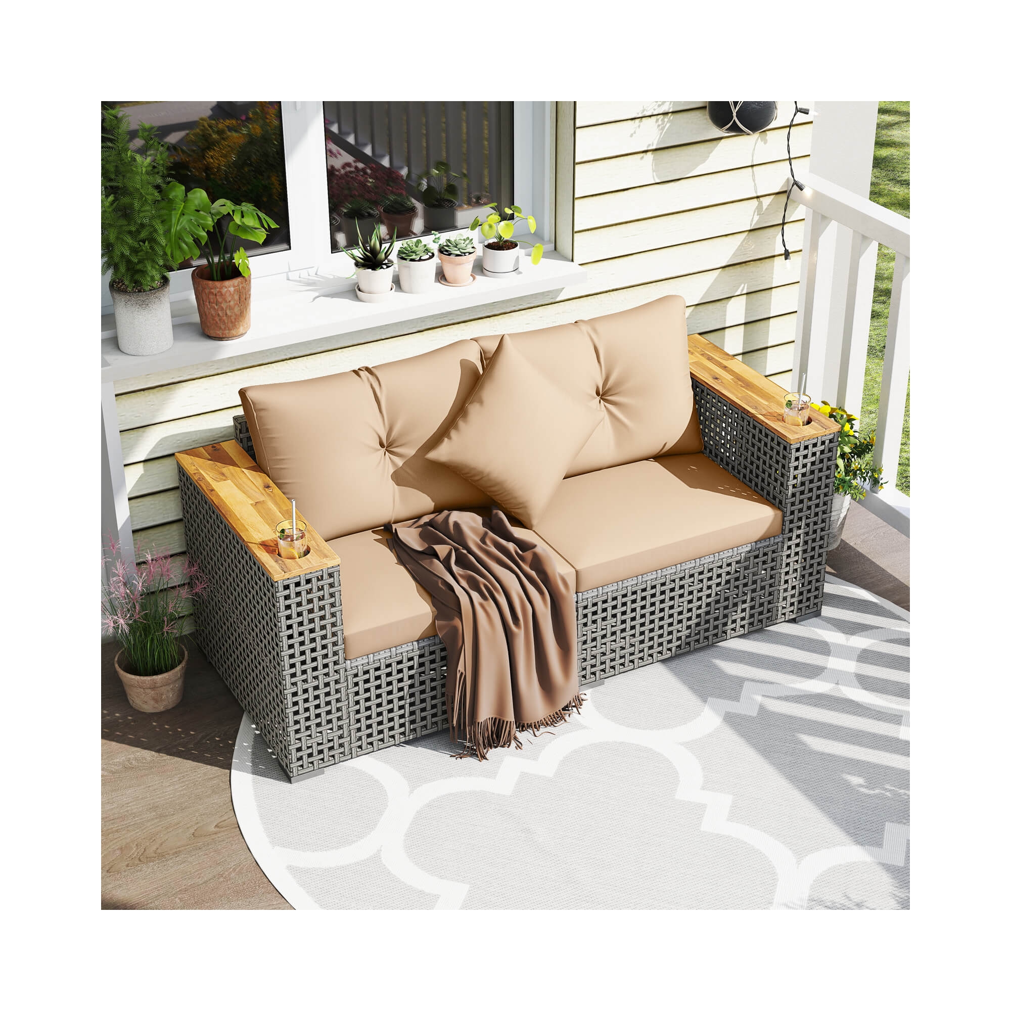 Costway 2 PCS Patio Corner Sofa Set with Thick Cushions Wide Acacia Wood Armrests for Garden Beige