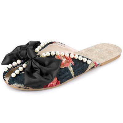 Perphy Women's Peep Toe Pearl Decor Slip-on Flat Slides Mules