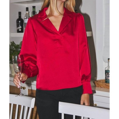 Women's Satin Long Sleeve Collared Blouse - Oddi