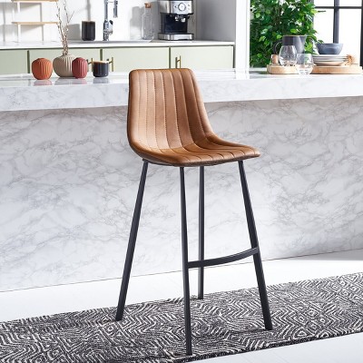 Cognac Vegan Leather & Black Iron Saddle Bar Stool