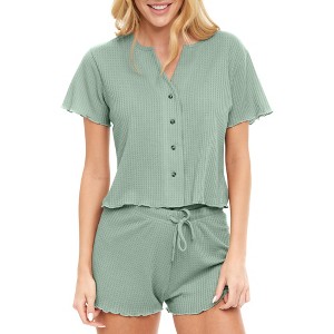 ADR Women's Pajamas Set, Soft Ribbed Knit Waffle Pajamas Lounge Set, Short Sleeve Button Up Top and Pajama Shorts - 1 of 4