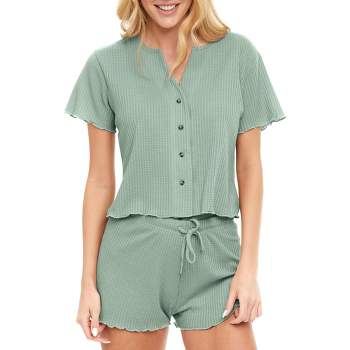Women's Soft Ribbed Waffle Rib Knit Pajamas Lounge Set, Short Sleeve Button Up Top and Pajama Shorts