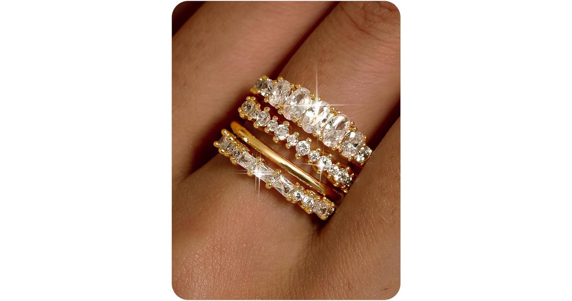 5-10 14K Gold Plated Stackable Rings for Women Non Tarnish - Dainty Cubic Zirconia Wedding Bands Ring