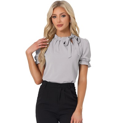 INSPIRE CHIC Women's Bow Tie Neck Solid Color Elastic Cuffs Elegant Office Short Sleeve Blouse