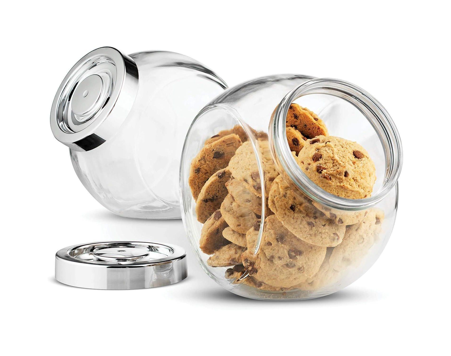 Bormioli Rocco Pandora Glass Candy Jar 75.5 oz Cookie Jar, 2 Pack, Plastic Airtight Seal Lid 2-Way Display, Bulk-Food Storage Jar for Snacks, Dry Food