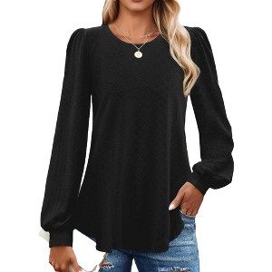 Women's Tops Relaxed Fit Round Neck Puff Sleeve Long Sleeve Casual Tshirt - 1 of 4