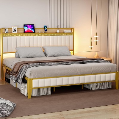 LED Storage Bed Frame with Charging Station, Upholstered Platform Bed, Full/Queen/King Size, White & Gold