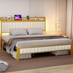 LED Storage Bed Frame with Charging Station, Upholstered Platform Bed, Full/Queen/King Size, White & Gold - 1 of 4
