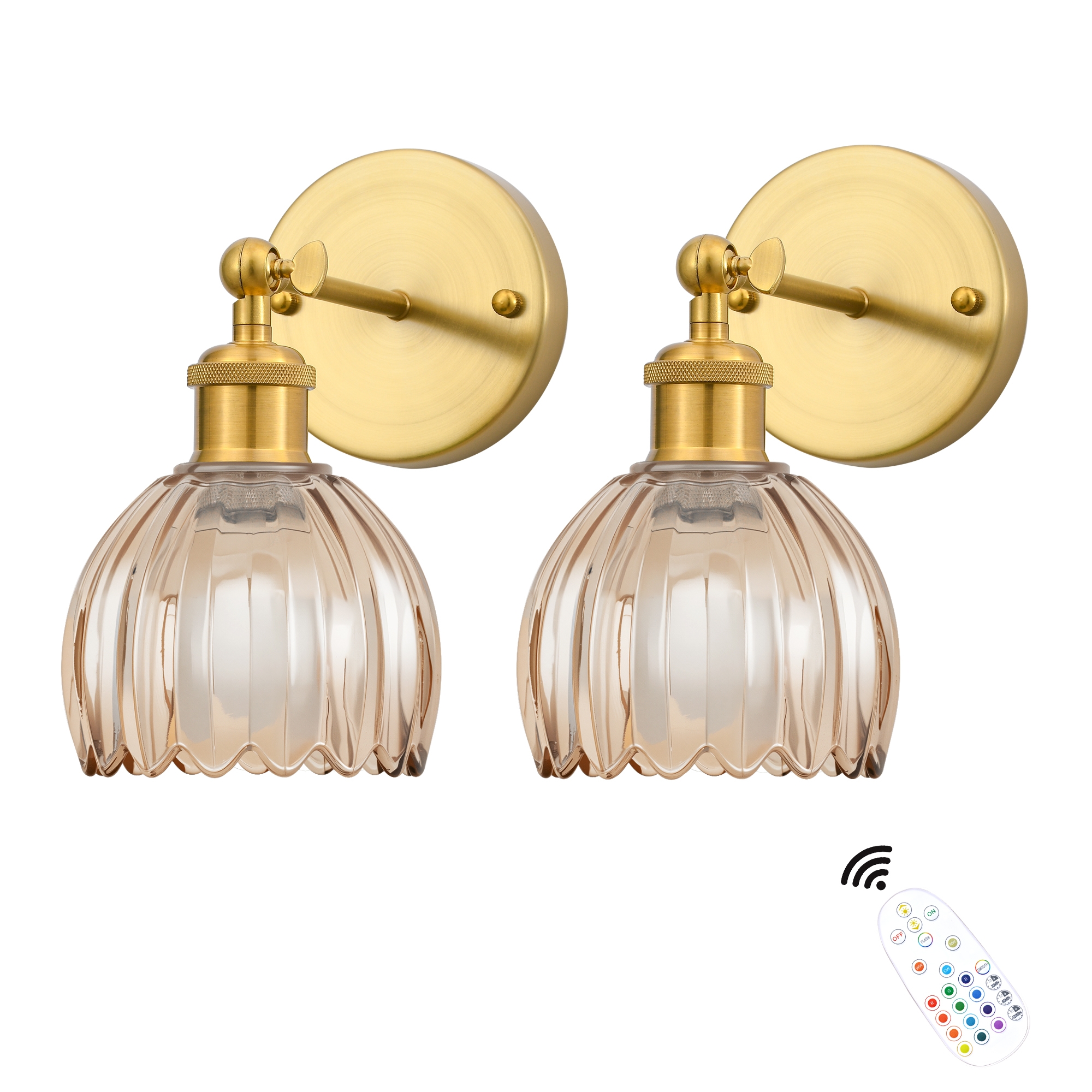 DAKAFUL Vintage Wall Lights with Tulip Glass Shade,Remote-Controlled,Decorative Wall Sconce for Bedroom/Bathroom/Living Room(2-Pack)