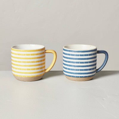 2pk 13oz Stoneware Clipped Stripe Mug Set Gold/Blue/Cream - Hearth & Hand™ with Magnolia