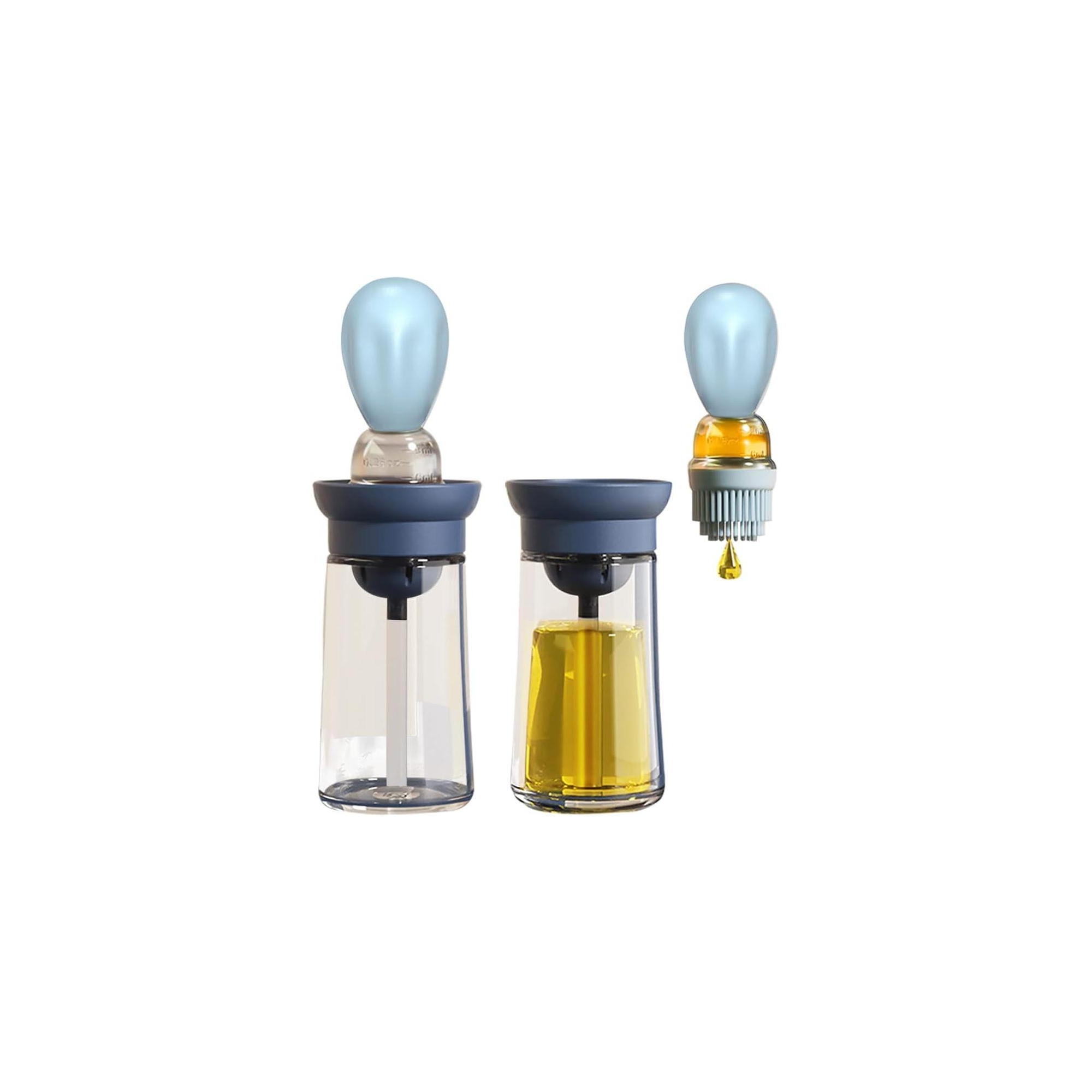 Dronkon Oil Dispenser with Brush - 2 Pack Glass Olive Oil Dispenser Bottle with Basting Brush, 180ml Kitchen Tool for Cooking Frying Baking (Blue)
