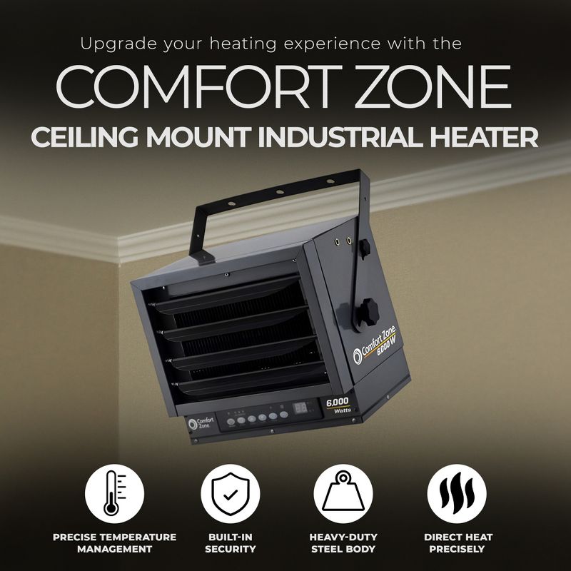 Comfort Zone Ceiling Mount Industrial Heater with 2 Settings, Thermostat, Digital Display, and Electronic Temperature Limiter for Home Improvement, 2 of 7