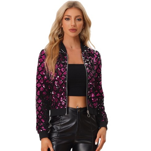 Inspire Chic Women s Halloween Sequin Long Sleeve Zipper Up Glitter Bomber Jacket Hot Pink Large Target