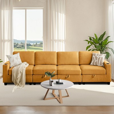 Hyleory 117.4" Modern Chenille Fabric Storage Straight Sectional Sofa,4 seater Couch with Double Ottomans for Living Room