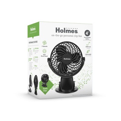 Holmes 4&#34; On-The-Go Portable Clip Rechargeable Battery 360&#176; Rotation Fan Black