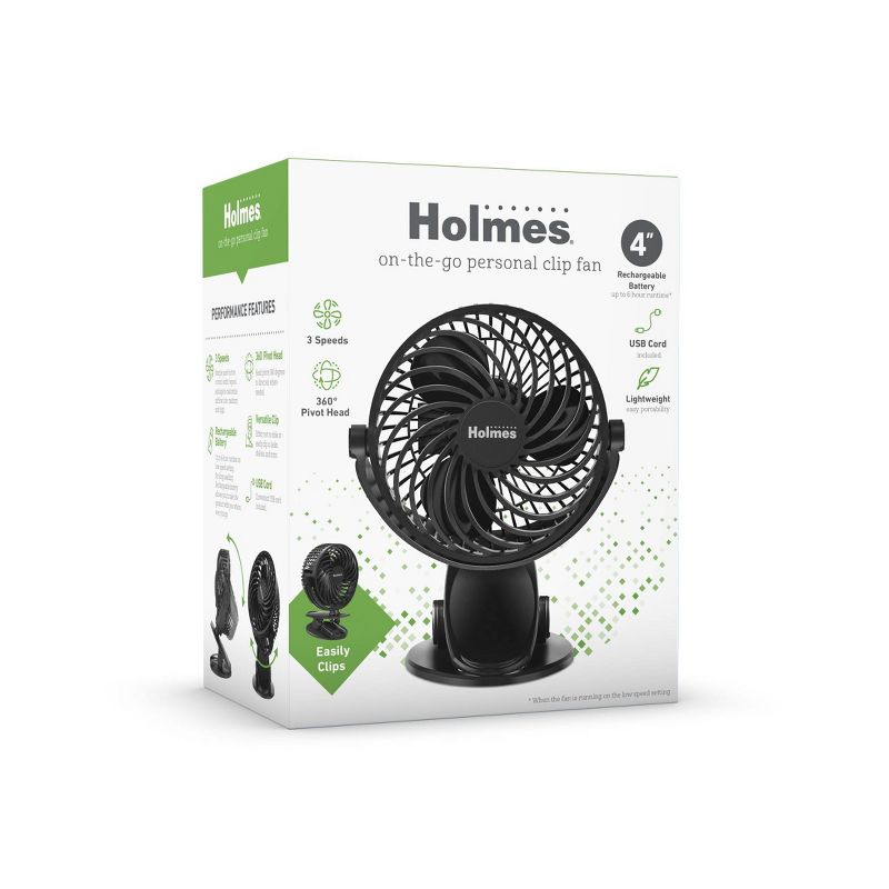 Holmes 4&#34; On-The-Go Portable Clip Rechargeable Battery 360&#176; Rotation Fan Black, 3 of 7