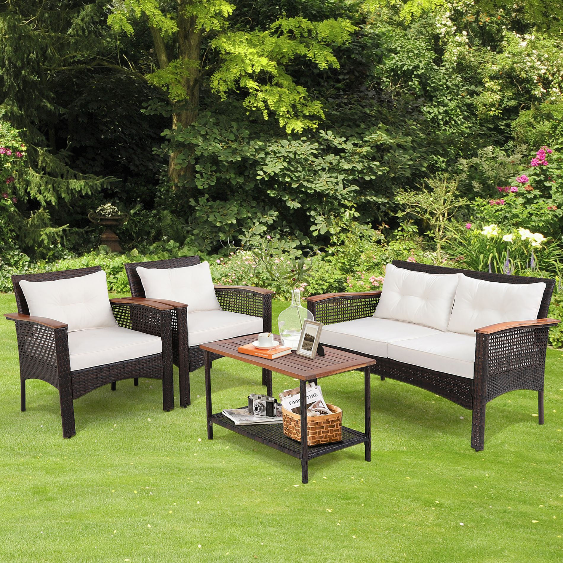 Costway 4PCS Patio Rattan Acacia Wood Furniture Set Cushion Sofa Armrest Deck