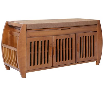 Two Tier Shoe Bench, Bamboo Entrance Shoe Rack with Cushion Organizer, Multifunctional Breathable Shoe Cabinet