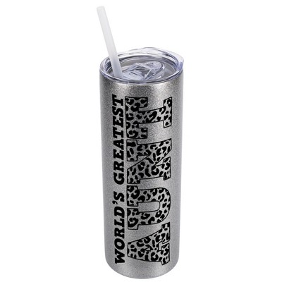Elanze Designs Leopard Pattern Silvertone Sparkle 20 Ounce Double Wall Stainless Steel Glitter Travel Tumbler With Sliding Lid And Straw, World's