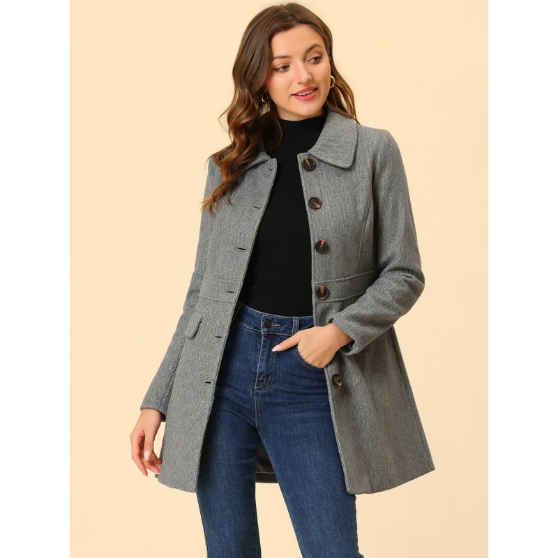 Allegra K Women's Peter Pan Collar Flap Pocket Single Breasted Buttoned Long Coat, 2 of 7