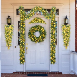 Battery Operated Christmas Garland & Wreath Set with Lights, 6-Piece Prelit Decor with Pinecones for Front Door Mantle Stairs Fireplace, Green - 1 of 4