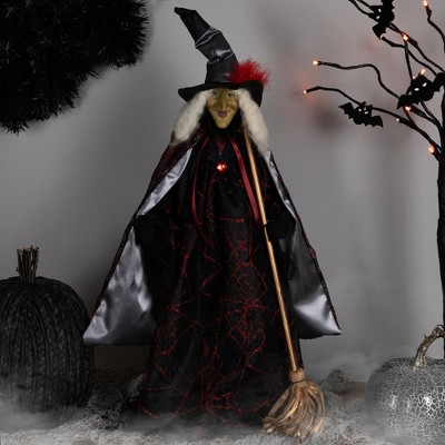 Victorian Style Black and Red Witch Figurine with Broom - 18"