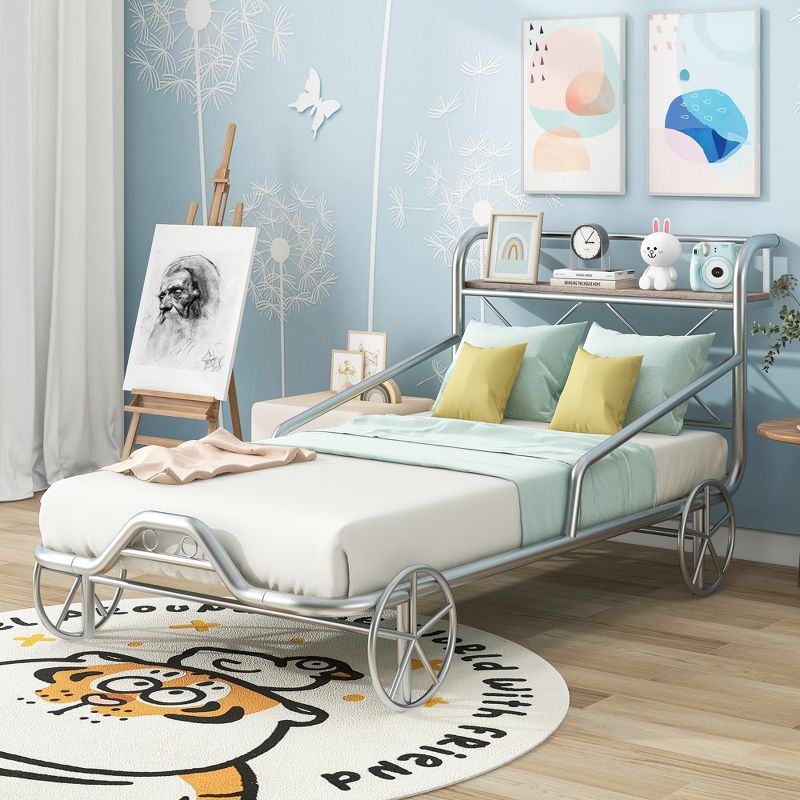 Twin Size Metal Car Bed with Four Wheels, Guardrails and X-Shaped Frame Shelf - ModernLuxe, 1 of 11