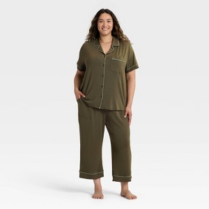 Women's Cloud Knit Short Sleeve Notch Collar Top and Cropped Pants Pajama Set - Auden™ - 1 of 3