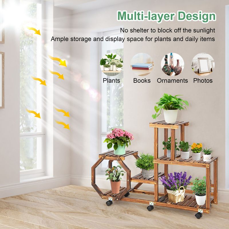 Costway 6-tier 8 Potted Rolling Plant Stand Wooden Storage Display Shelf Rack with Wheels, 5 of 9