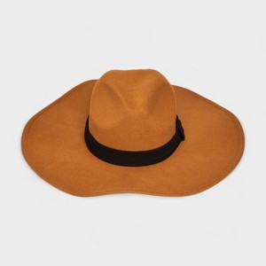 French Connection Women's Faux Suede Fedora Hat for Women - Wide Brim Fedora with Black Ribbon Band - Tan and Navy - 1 of 3