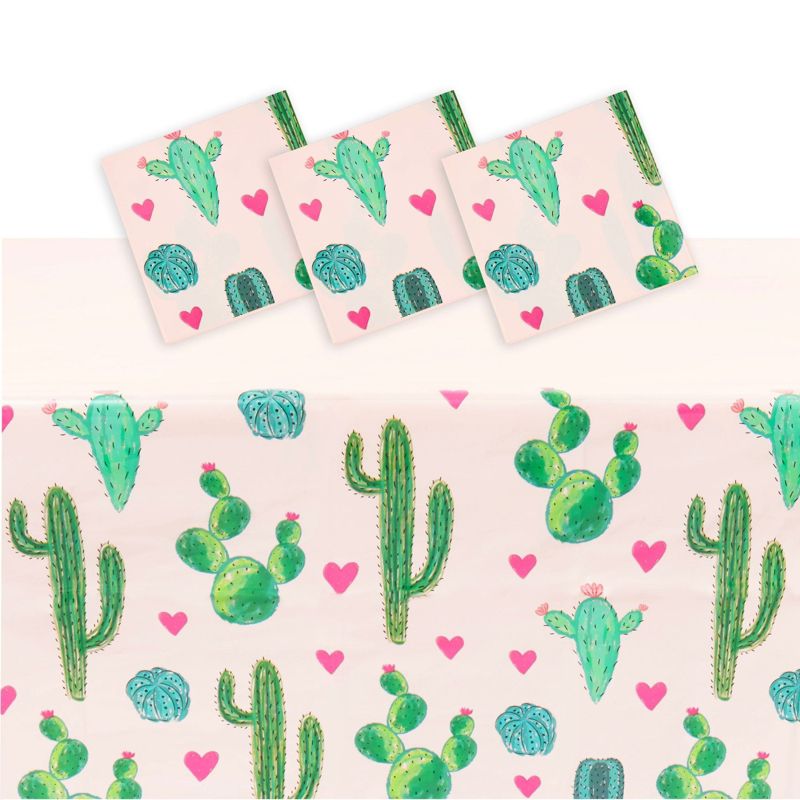 Sparkle and Bash 3 Pack Pink Plastic Cactus Tablecloth for Let's Fiesta Birthday Party Decorations, Baby Shower, 54x108 In, 1 of 8