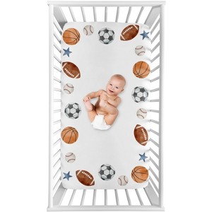 Sweet Jojo Designs Boy Photo Op Fitted Crib Sheet Watercolor Sports Theme Blue Brown and Orange - 1 of 4