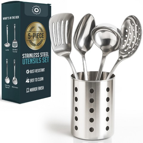 Luminuxe Stainless Steel Kitchen Utensil Set with Holder, 5-Piece Heat Resistant Kitchen Tools Set, Includes Ladle, Skimmer & Serving Spoon, Nonstick Cookware