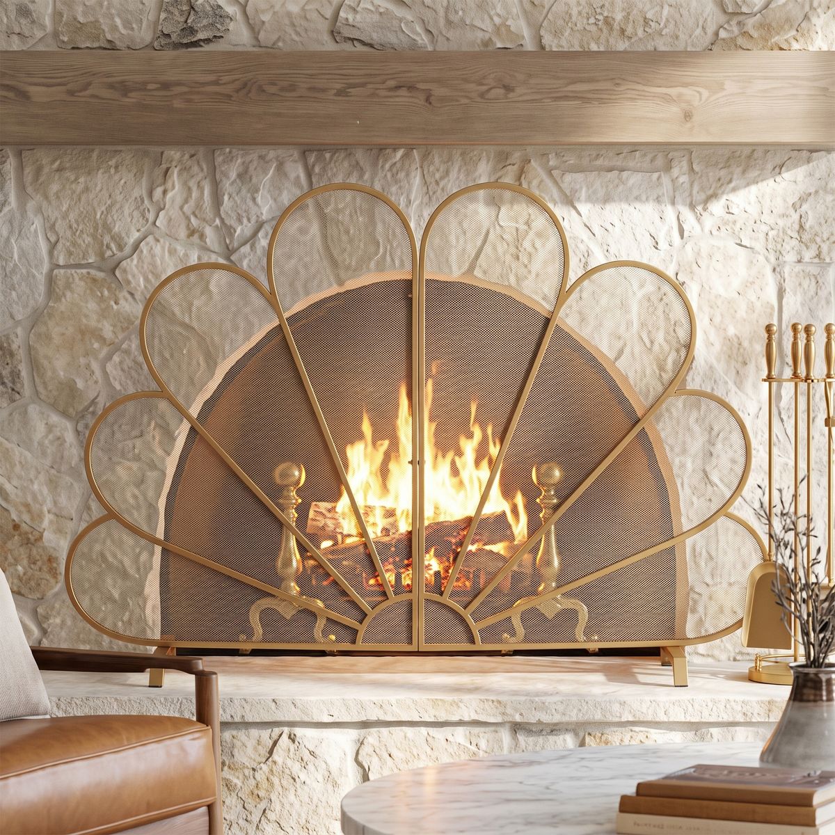 Christopher Knight Home Joren Modern Iron Freestanding Fireplace Screen with Fan‑Shaped Peacock Design - thumbnail 10