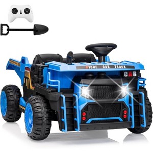 24V Kids Ride On Dump Truck with R/C, 2 Seater Electric Car with Electric Dump Bed & Shovel, Music Player, Soft Start, 19" Spacious Seat, Blue - 1 of 4