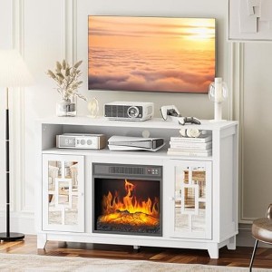 VINGLI Fireplace TV Stand for TVs up to 60'', Mirrored Media Entertainment Center Console Table with 18'' Electric Fireplace, White - 1 of 4