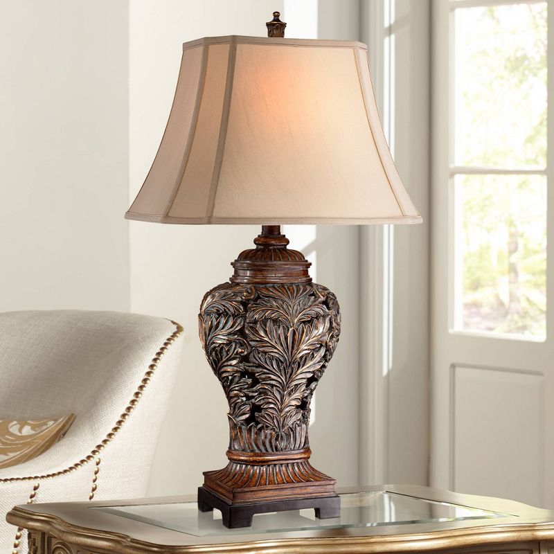 Barnes and Ivy Leafwork Vase 32 1/2" Tall Large Traditional End Table Lamp Brown Wood Finish Single Tan Rectangular Shade Living Room Bedroom Bedside, 2 of 10