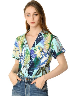 Allegra K Women's Hawaiian Floral Leaves Printed Short Sleeve Button Down Vintage Shirt