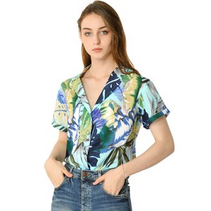 Allegra K Women's Hawaiian Floral Leaves Printed Short Sleeve Button Down Vintage Shirt - 1 of 4