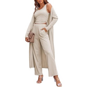 Ekouaer Women's 3 Piece Lounge Set Pajama Long Sleeve Cardigan Sleeveless Top Pants Sweatsuit - 1 of 4