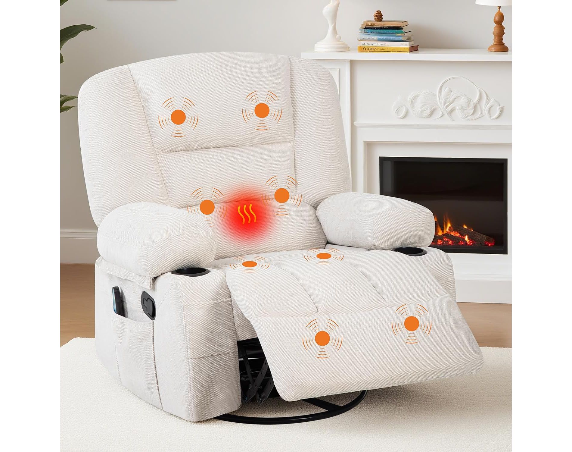 360° Swivel Rocking Chair with Massage and Heating, Glider Recliner Chairs with Storage and Cup Holder,for Living Room, Bedroom, Nursery