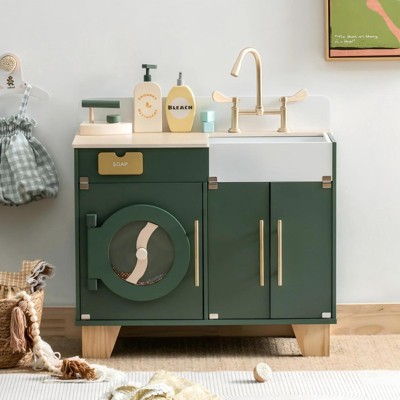 ROBOTIME Wooden Play Kitchen Set Toy Washing Machine Washer and Dryer for Playset Pretend Play for Boys Girls Age 3+, Green, 27.95"*6.89"*14.76"
