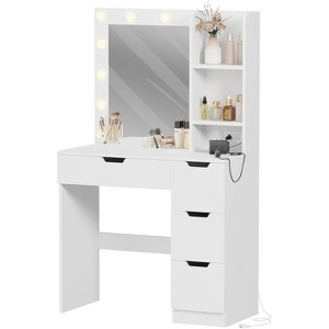 55" Tall Makeup Vanity Table, Vanity Desk with Mirror and Lights In 3 Colors, Storage Shelves and Cabinet Drawer Chest Dressing Table, for Bedroom - 1 of 4